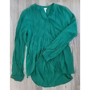 Sundance Popover Tunic Top Size M Green Pintuck Pleated Long Sleeve 1/4 Button